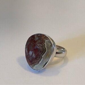 Sterling Silver Agate Statement Ring in Brown and Cream Size 6.25